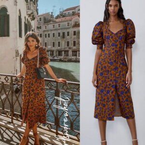 Zara Blue & Brown Floral Poplin Cotton Midi Puff Sleeve Dress XS